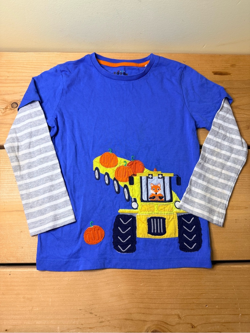 Mini Boden LS Pumpkin Fox Tractor Shirt Appliqué Kids 5-6Y Fall Halloween Blue